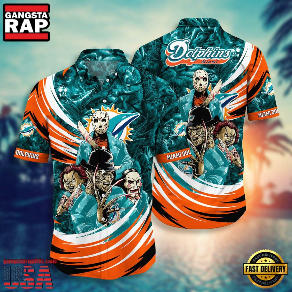 NFL Miami Dolphins Halloween Horror Movies Hawaiian Shirt For Men Women NFL Miami Dolphins Halloween Horror Movies Hawaiian Shirt For Men Women