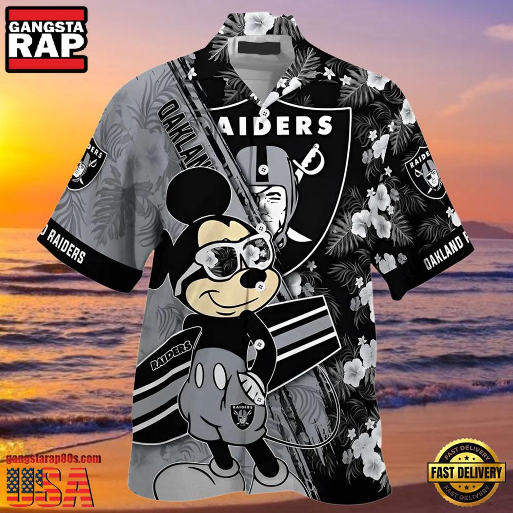 NFL Oakland Raiders Hawaiian Shirt Mickey And Floral Pattern NFL Oakland Raiders Hawaiian Shirt Mickey And Floral Pattern