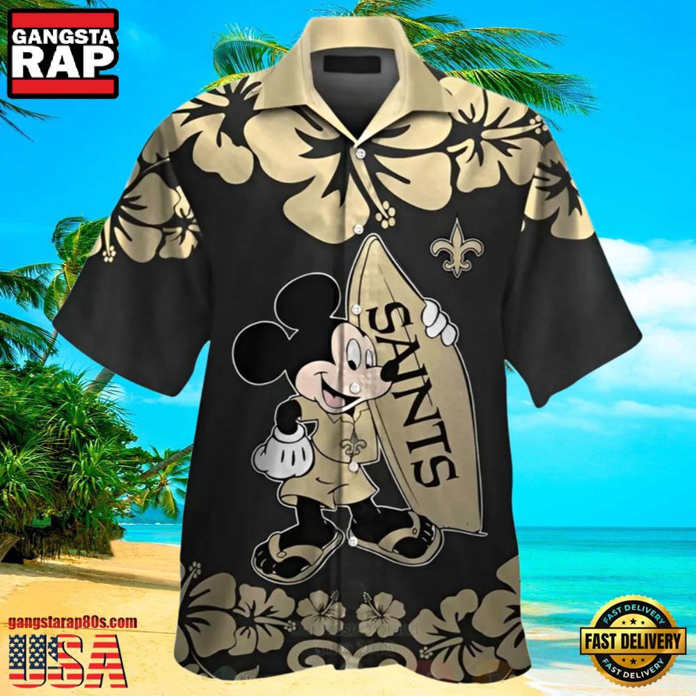 NFL Saints Hawaiian Shirt Mickey Mouse and Hibiscus Print NFL Saints Hawaiian Shirt Mickey Mouse and Hibiscus Print