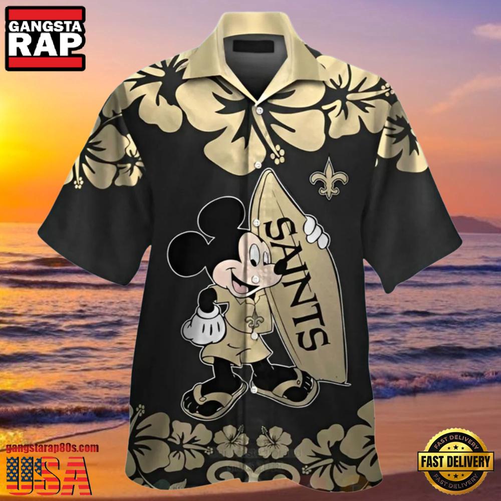 NFL Saints Hawaiian Shirt Mickey Mouse and Hibiscus Print NFL Saints Hawaiian Shirt Mickey Mouse and Hibiscus Print