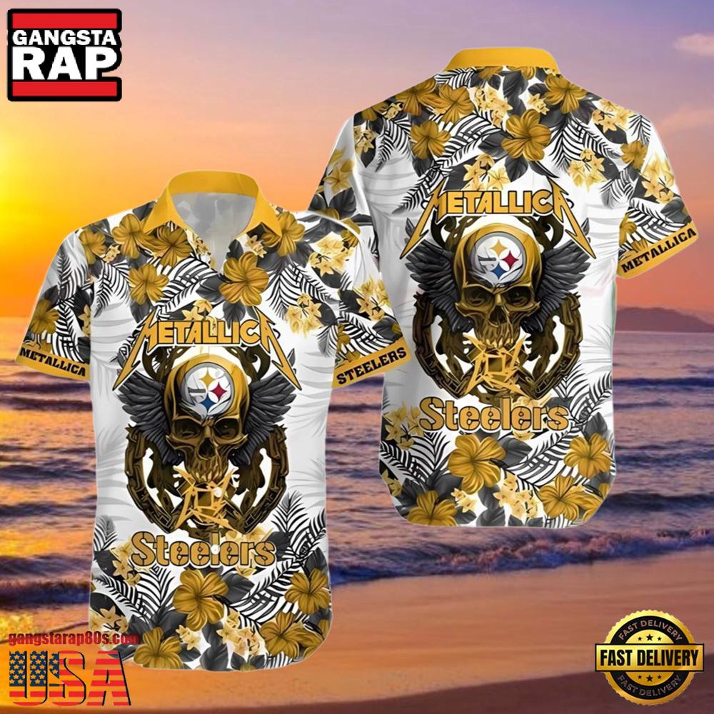 NFL Steelers Hawaiian Button Up Shirt Metallica Skull And Flower NFL Steelers Hawaiian Button Up Shirt Metallica Skull And Flower