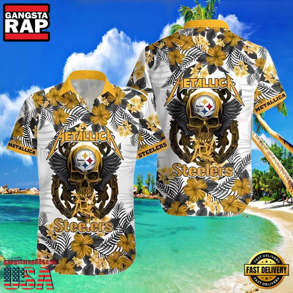 NFL Steelers Hawaiian Button Up Shirt Metallica Skull And Flower NFL Steelers Hawaiian Button Up Shirt Metallica Skull And Flower