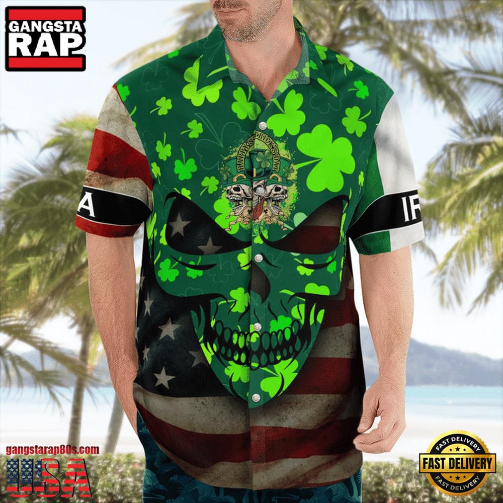 St. Patrick'S Day Full Skull Art And Drinking Skull Irish Flag American Flag Hawaii Shirt St. Patrick'S Day Full Skull Art And Drinking Skull Irish Flag American Flag Hawaii Shirt