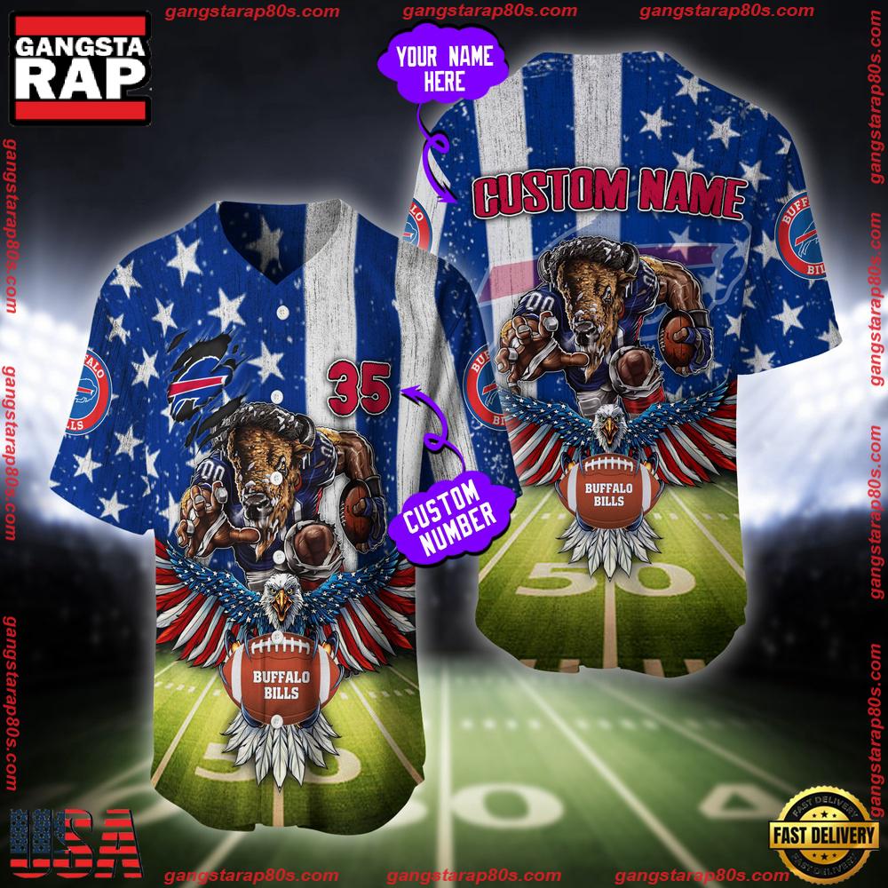 NFL Custom Name And Number Buffalo Bills Mascot US Flag Baseball Jersey Shirt NFL Custom Name And Number Buffalo Bills Mascot US Flag Baseball Jersey Shirt