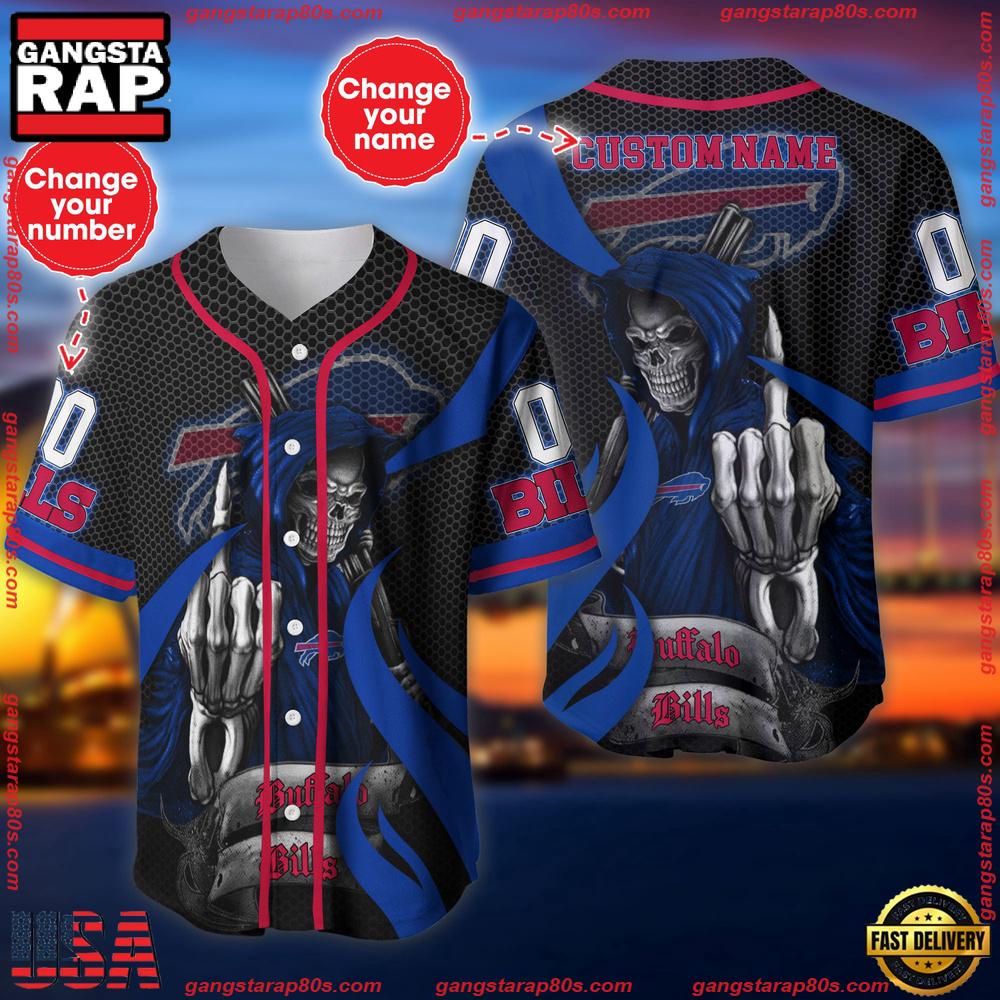 NFL Custom Name Number Buffalo Bills Skull Death Baseball Jersey Shirt NFL Custom Name Number Buffalo Bills Skull Death Baseball Jersey Shirt