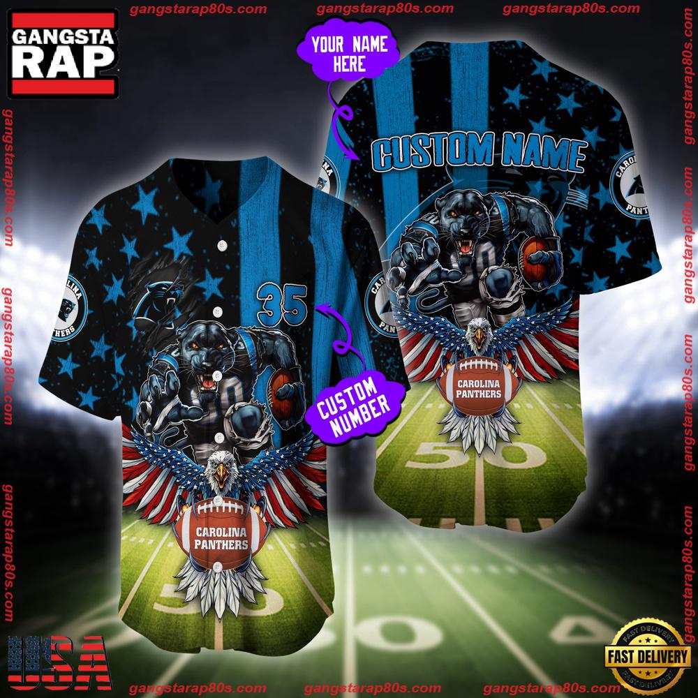 NFL Custom Name And Number Carolina Panthers Mascot US Flag Baseball Jersey Shirt NFL Custom Name And Number Carolina Panthers Mascot US Flag Baseball Jersey Shirt
