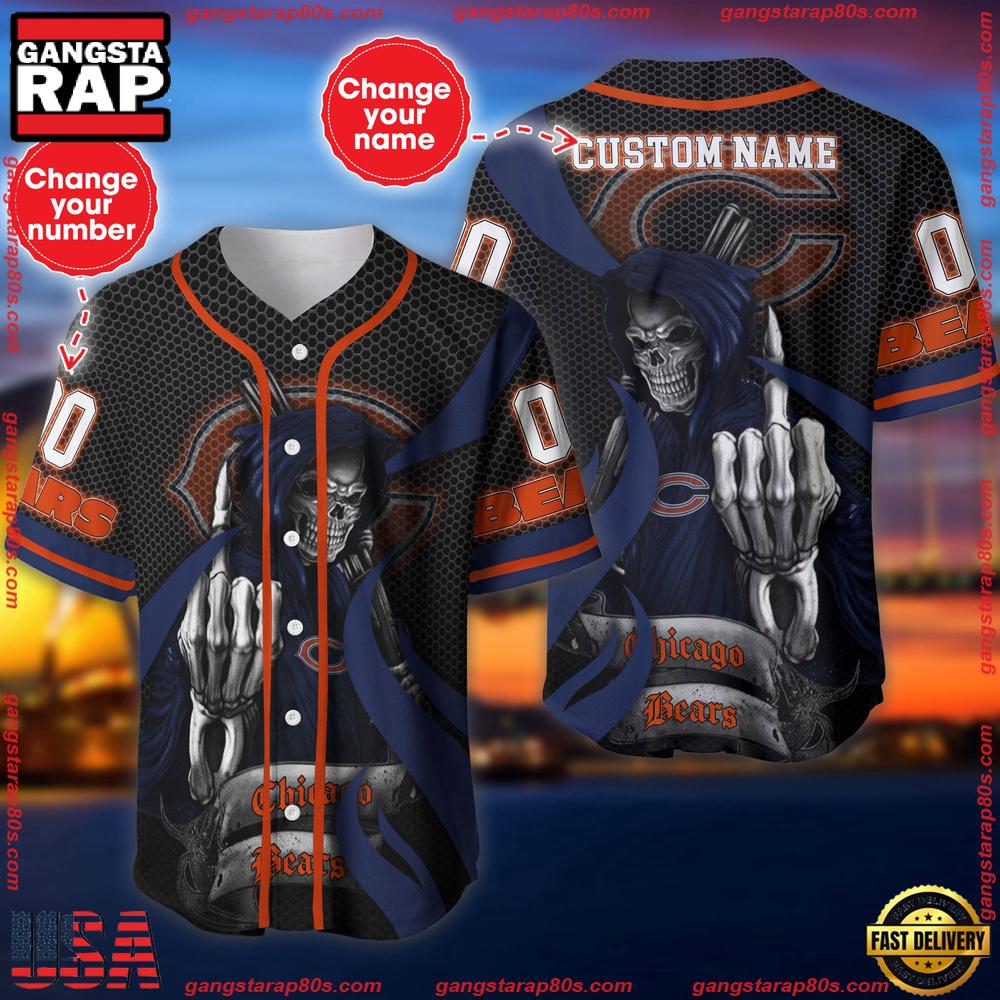 NFL Custom Name Number Chicago Bears Skull Death Baseball Jersey Shirt NFL Custom Name Number Chicago Bears Skull Death Baseball Jersey Shirt