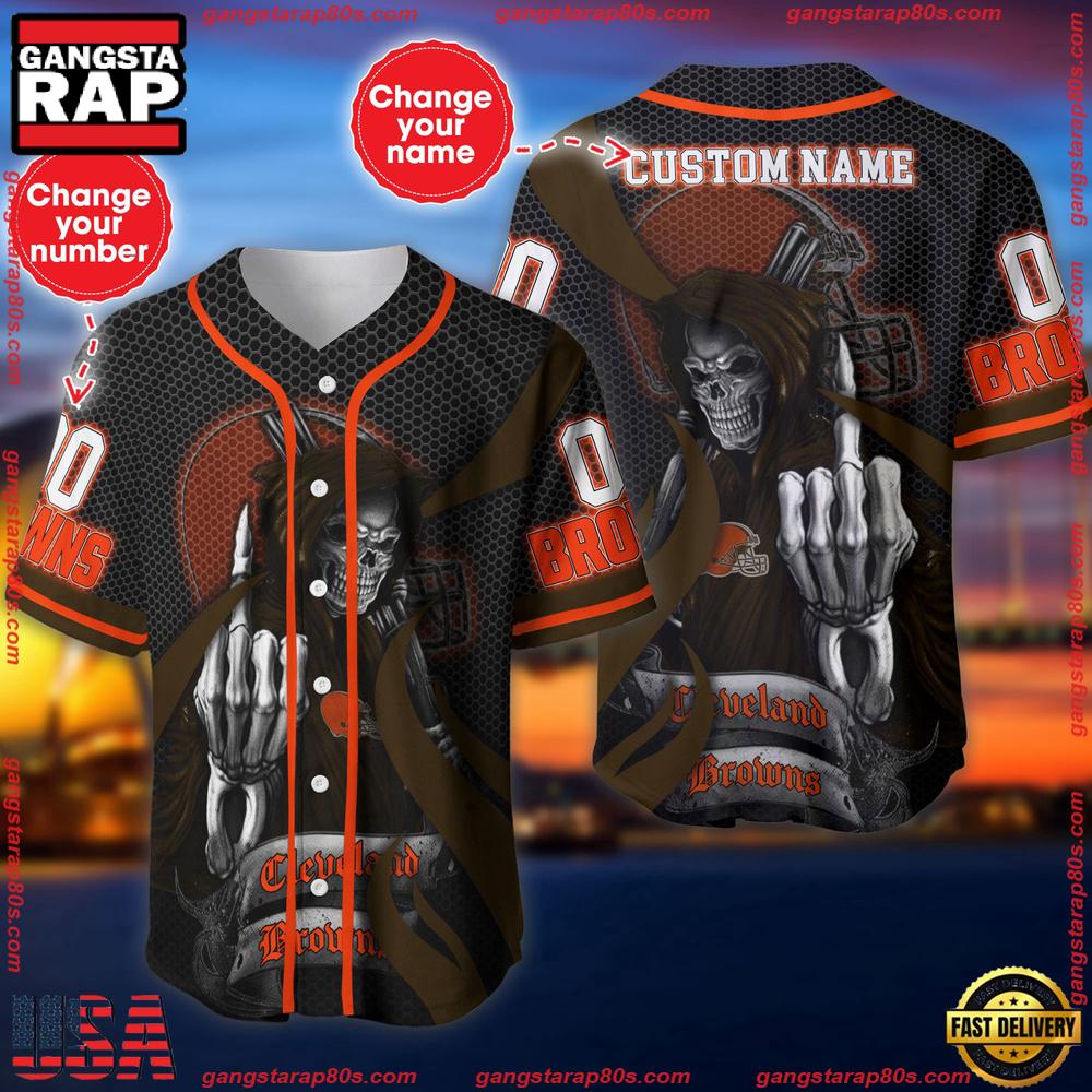 NFL Custom Name Number Cleveland Browns Skull Death Baseball Jersey Shirt NFL Custom Name Number Cleveland Browns Skull Death Baseball Jersey Shirt