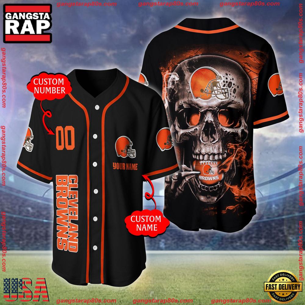 NFL Custom Name Number Cleveland Browns Skull Face Baseball Jersey Shirt NFL Custom Name Number Cleveland Browns Skull Face Baseball Jersey Shirt