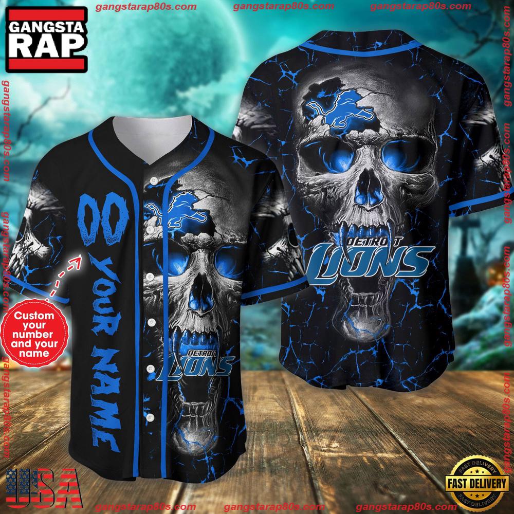 Custom Name And Number Detroit Lions NFL Team Skull Baseball Jersey Shirt