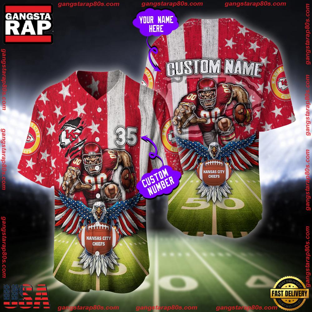 NFL Custom Name And Number Kansas City Chiefs Mascot US Flag Baseball Jersey Shirt NFL Custom Name And Number Kansas City Chiefs Mascot US Flag Baseball Jersey Shirt