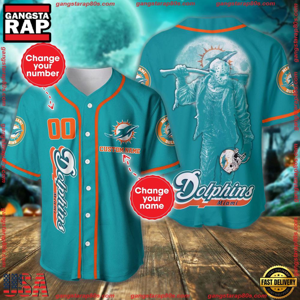 NFL Custom Name Number Miami Dolphins Horror 3D New Design Baseball Jersey Shirt NFL Custom Name Number Miami Dolphins Horror 3D New Design Baseball Jersey Shirt