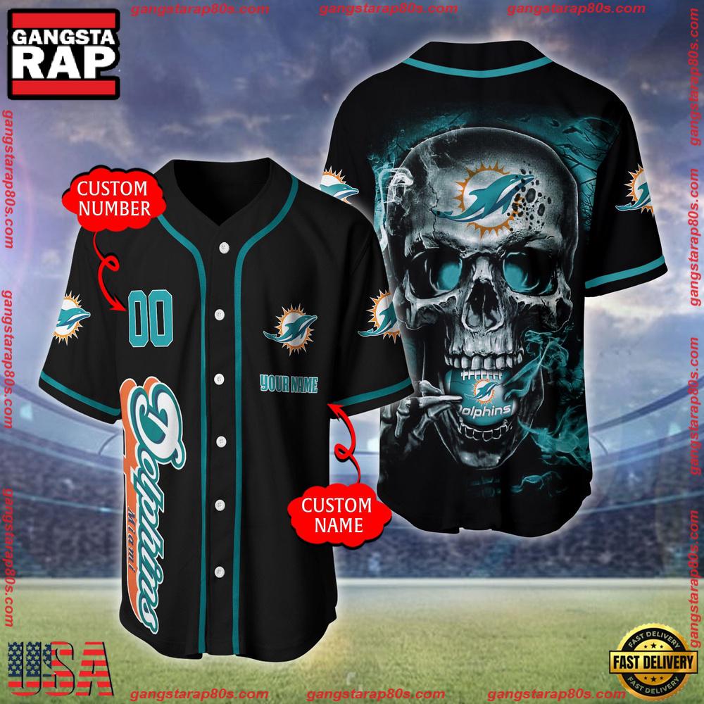 NFL Custom Name Number Miami Dolphins Skull Face Baseball Jersey Shirt NFL Custom Name Number Miami Dolphins Skull Face Baseball Jersey Shirt