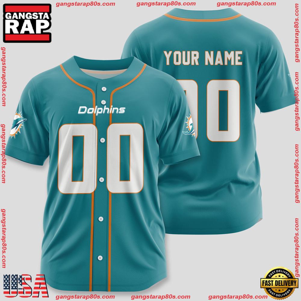 NFL Custom Name Number Miami Dolphins Team Baseball Jersey Shirt NFL Custom Name Number Miami Dolphins Team Baseball Jersey Shirt
