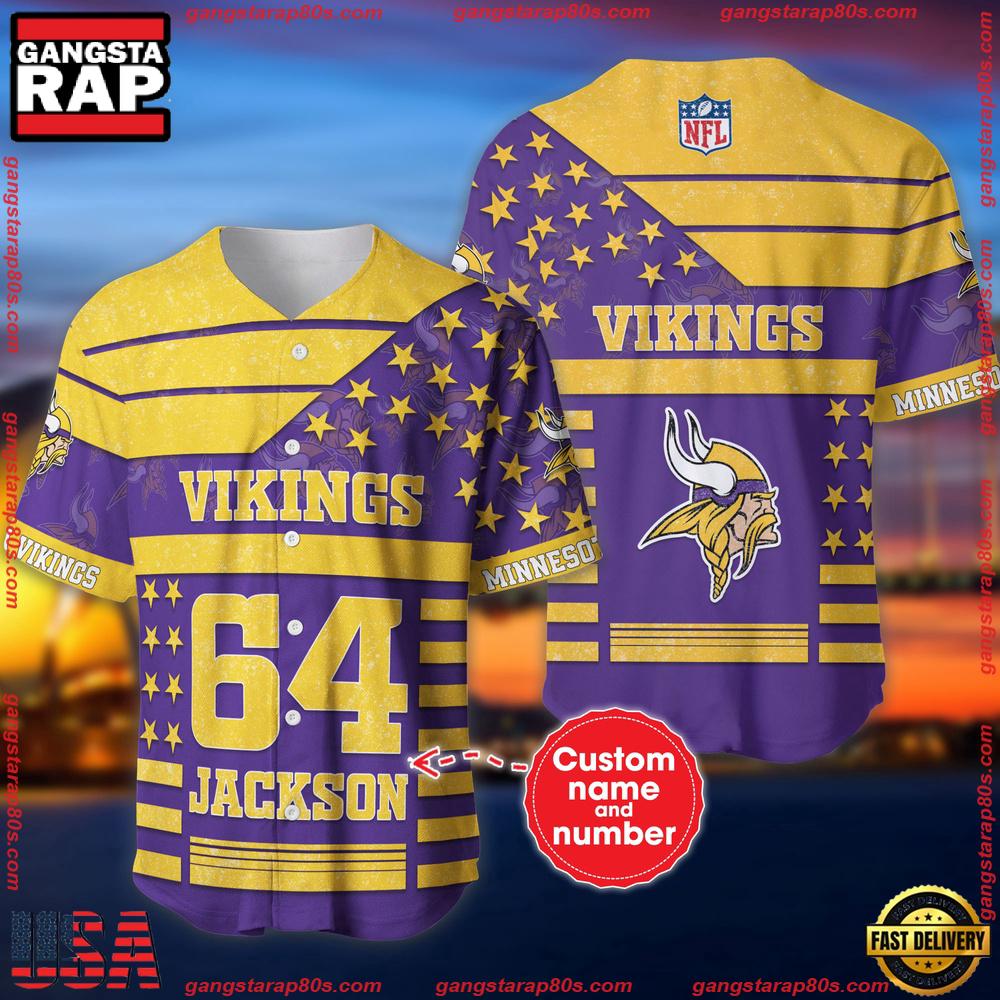NFL Custom Name Number Minnesota Vikings American Flag New Design Baseball Jersey Shirt NFL Custom Name Number Minnesota Vikings American Flag New Design Baseball Jersey Shirt