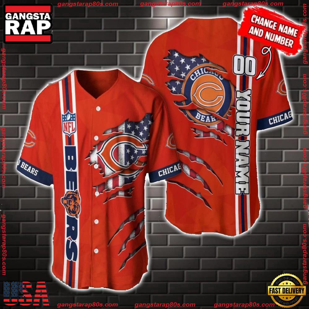 NFL Custom Name Number Chicago Bears America Flag New Design Baseball Jersey Shirt Gift For Fans NFL Custom Name Number Chicago Bears America Flag New Design Baseball Jersey Shirt Gift For Fans