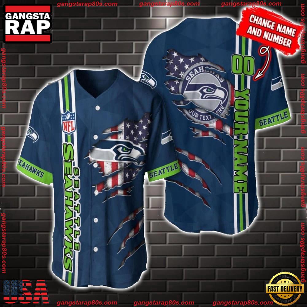 NFL Custom Name Number Seattle Seahawks America Flag New Design Baseball Jersey Shirt Gift For Fans NFL Custom Name Number Seattle Seahawks America Flag New Design Baseball Jersey Shirt Gift For Fans