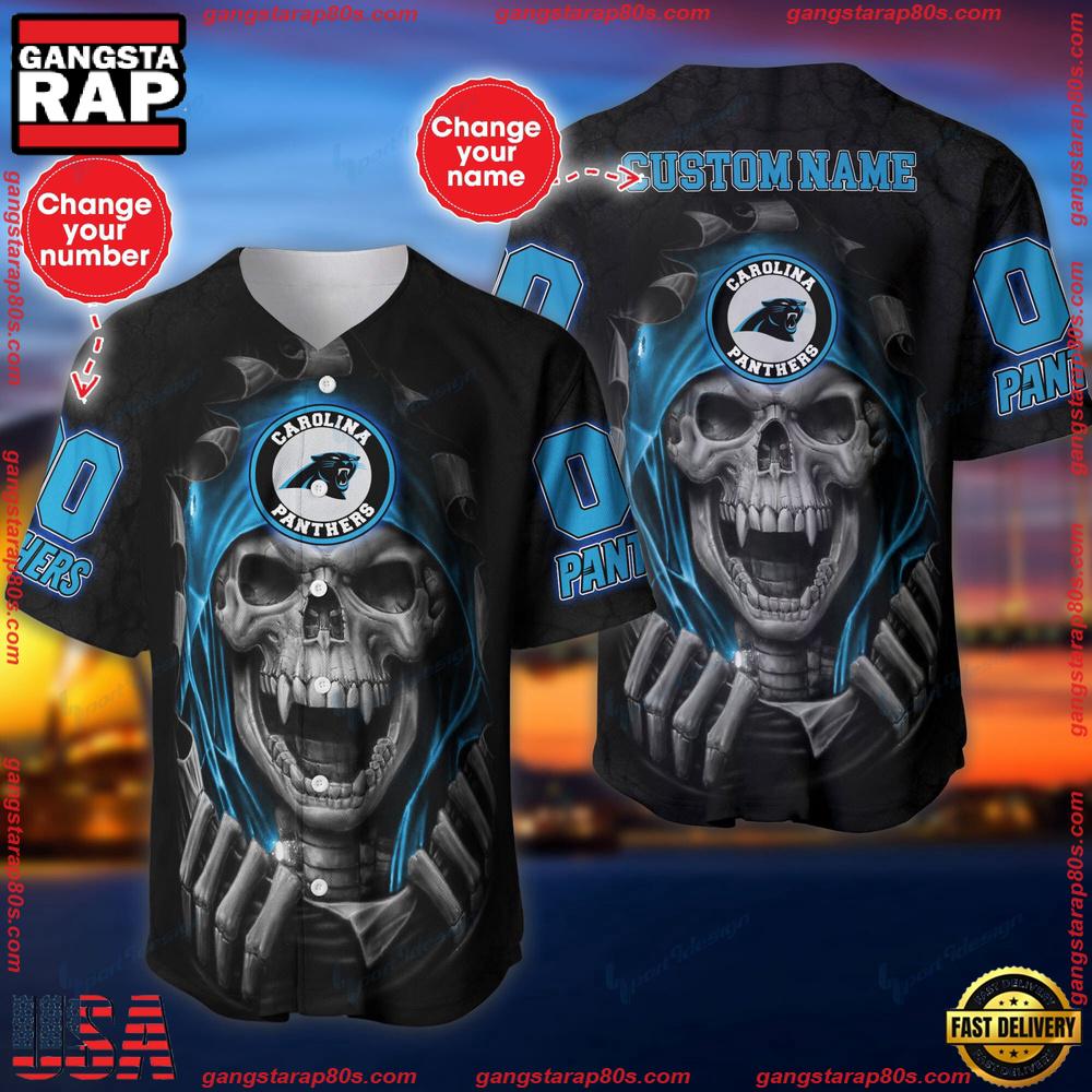 NFL Custom Name And Number Team Carolina Panthers Skull Pattern Baseball Jersey Shirt NFL Custom Name And Number Team Carolina Panthers Skull Pattern Baseball Jersey Shirt