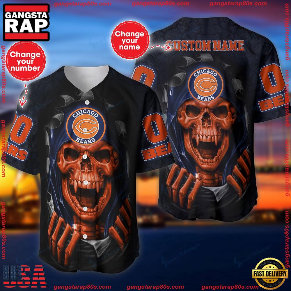 NFL Custom Name And Number Team Chicago Bears Skull Pattern Baseball Jersey Shirt NFL Custom Name And Number Team Chicago Bears Skull Pattern Baseball Jersey Shirt