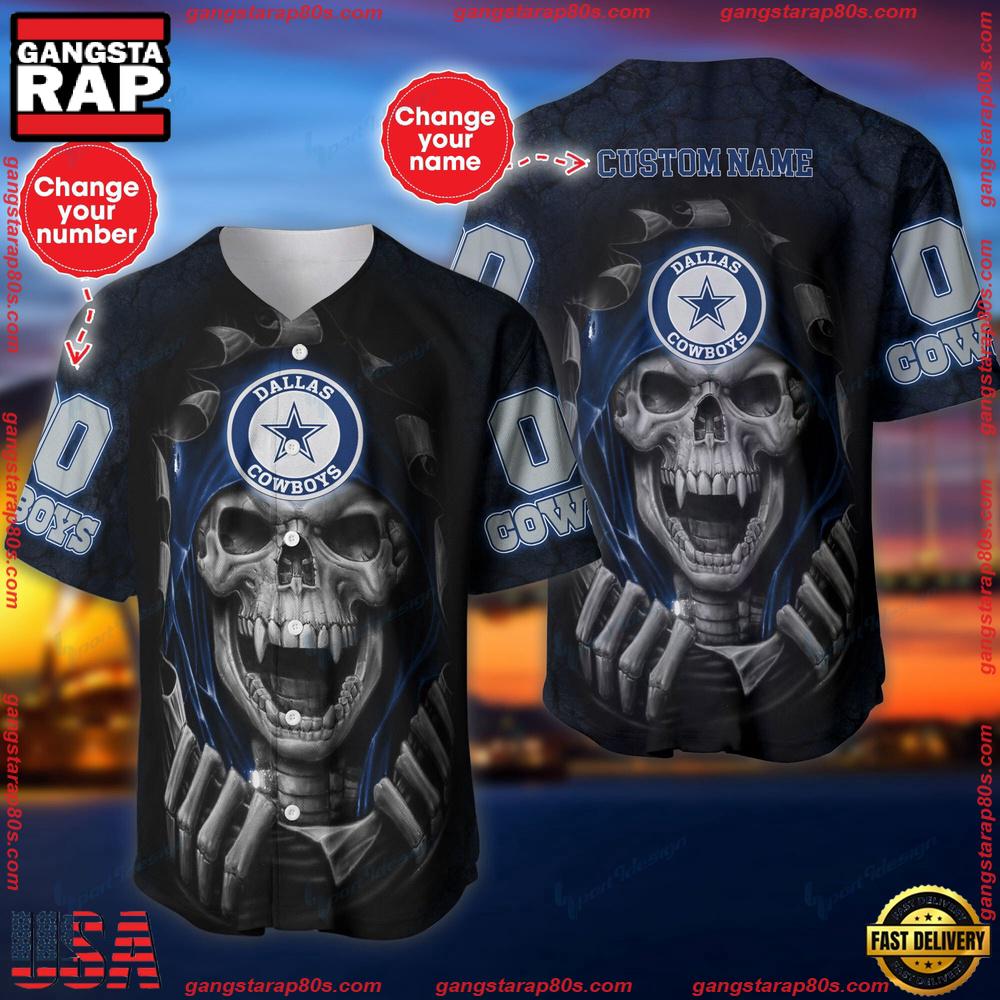 NFL Custom Name And Number Team Dallas Cowboys Skull Pattern Baseball Jersey Shirt NFL Custom Name And Number Team Dallas Cowboys Skull Pattern Baseball Jersey Shirt