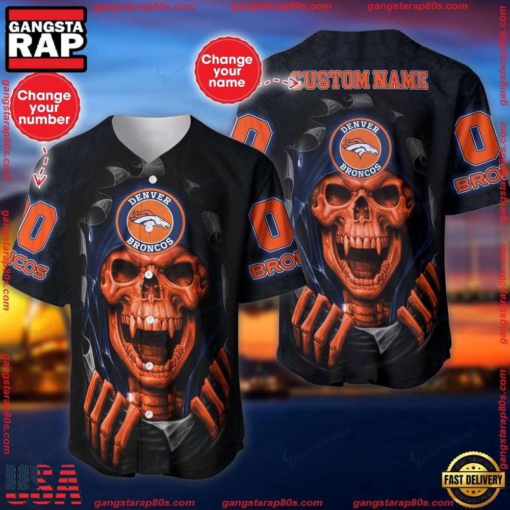 Custom Name And Number NFL Team Denver Broncos Skull Pattern Baseball Jersey Shirt