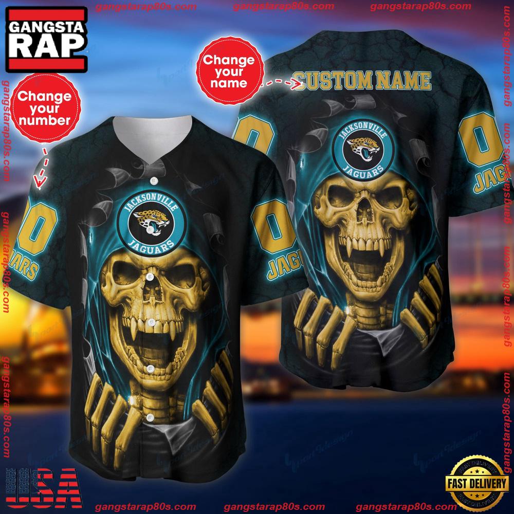 NFL Custom Name Number Jacksonville Jaguars Skull Baseball Jersey Shirt NFL Custom Name Number Jacksonville Jaguars Skull Baseball Jersey Shirt