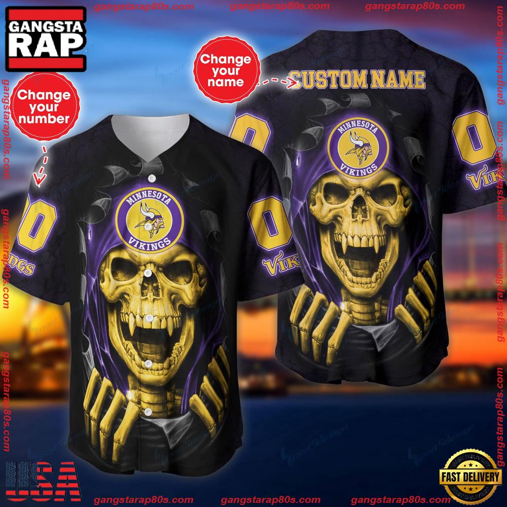NFL Custom Name Number Minnesota Vikings Skull Baseball Jersey Shirt NFL Custom Name Number Minnesota Vikings Skull Baseball Jersey Shirt