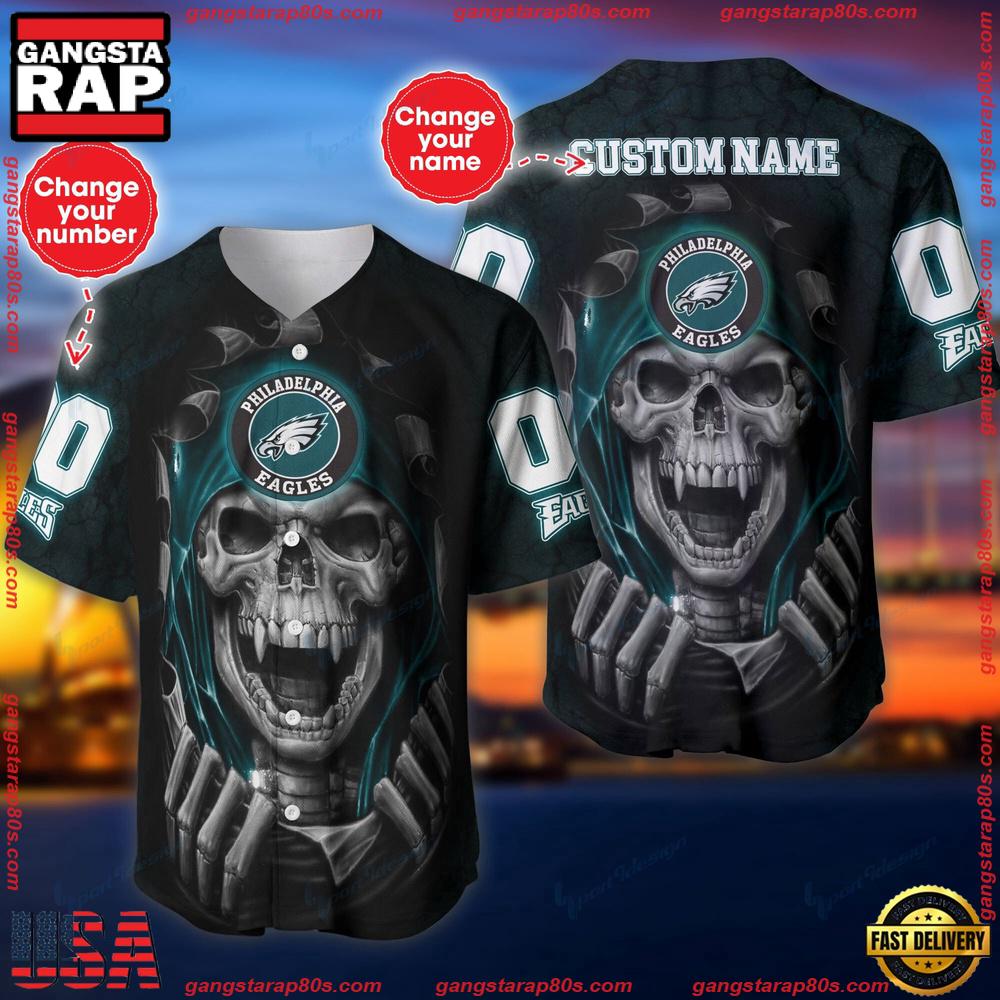 NFL Custom Name Number Philadelphia Eagles Skull Baseball Jersey Shirt NFL Custom Name Number Philadelphia Eagles Skull Baseball Jersey Shirt