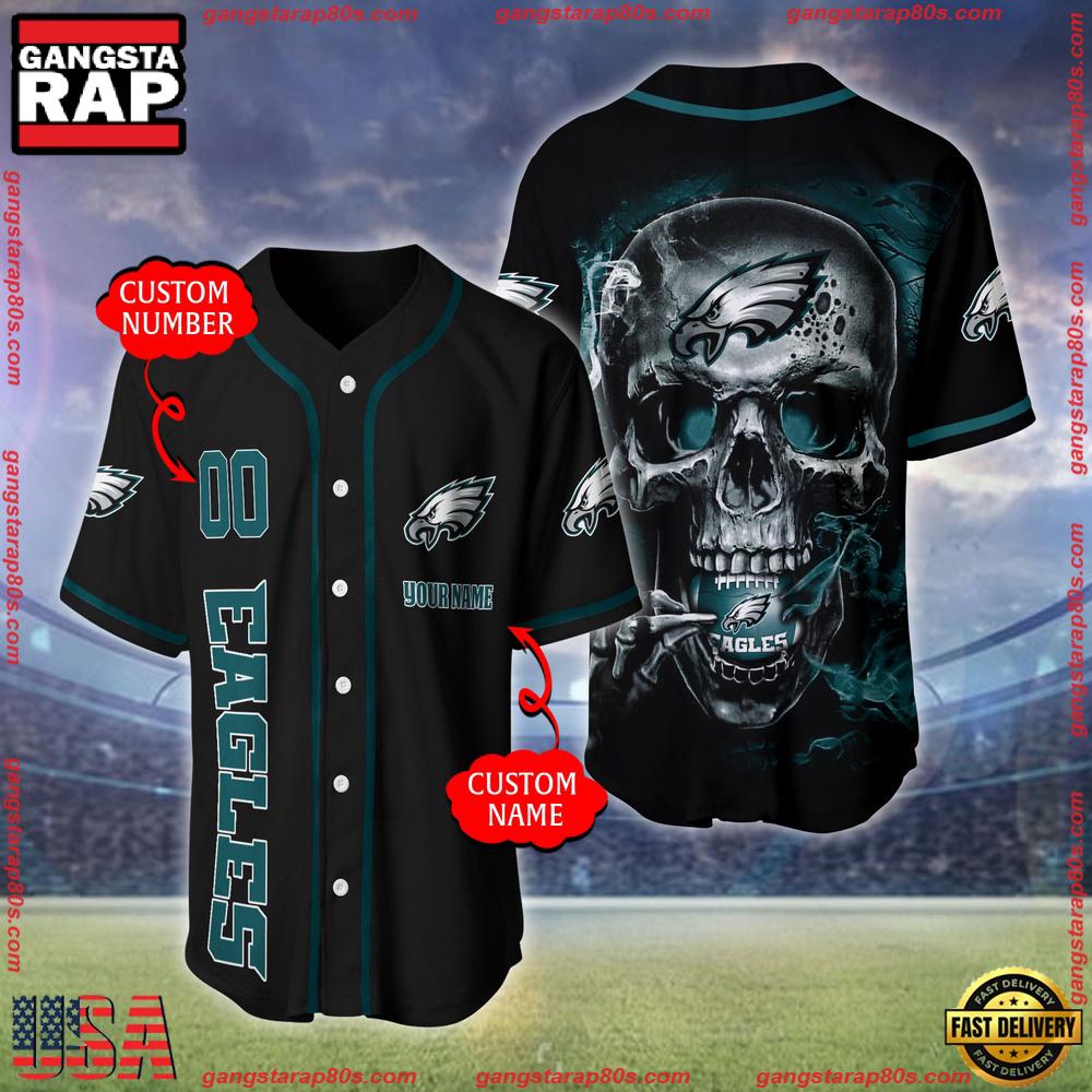 NFL Custom Name Number Philadelphia Eagles Skull Face Baseball Jersey Shirt NFL Custom Name Number Philadelphia Eagles Skull Face Baseball Jersey Shirt