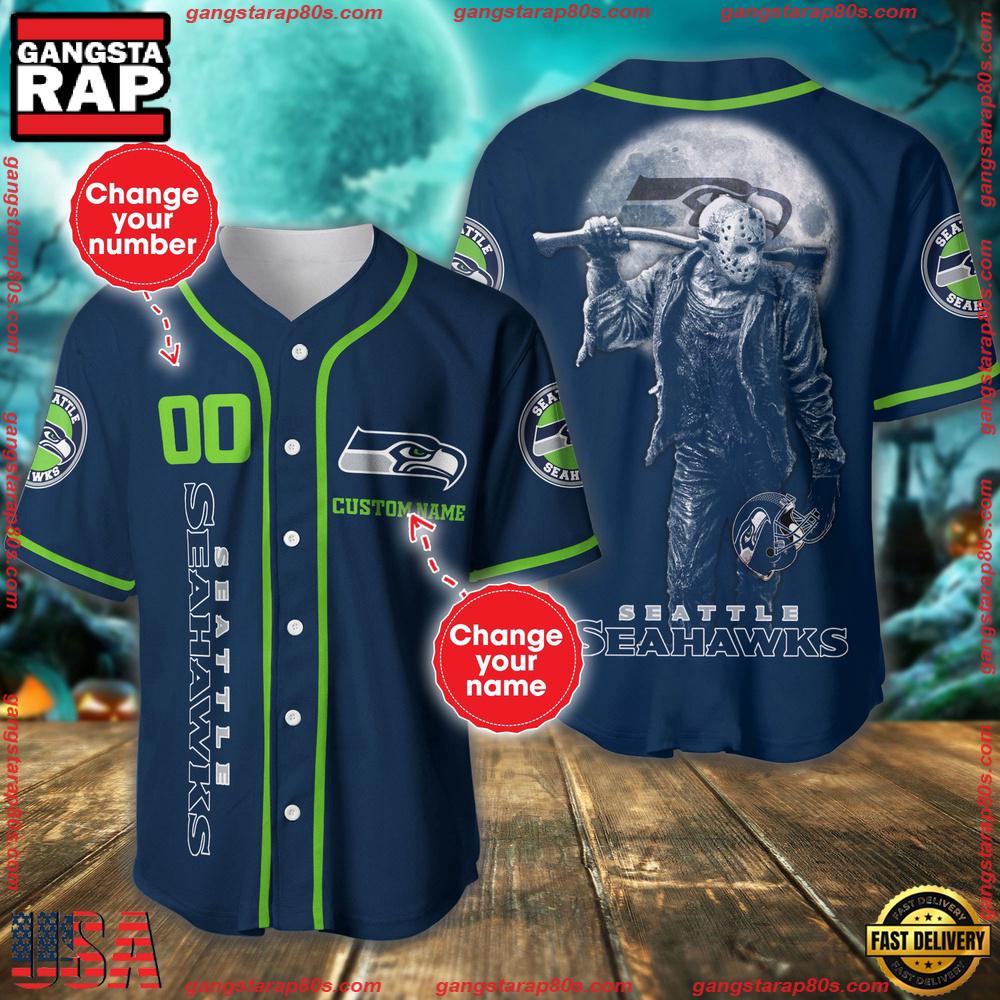 NFL Custom Name Number Seattle Seahawks Horror 3D New Design Baseball Jersey Shirt NFL Custom Name Number Seattle Seahawks Horror 3D New Design Baseball Jersey Shirt
