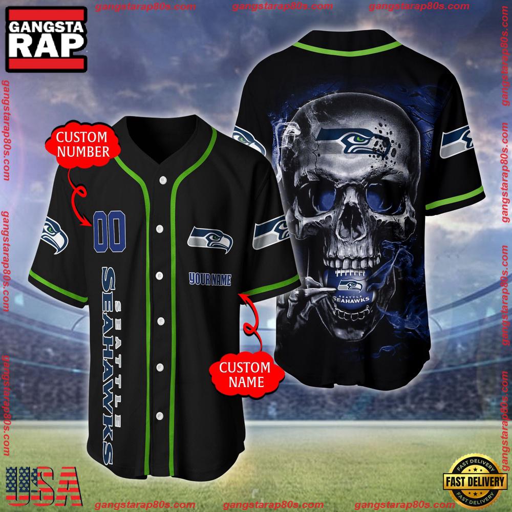 NFL Custom Name Number Seattle Seahawks Skull Face Baseball Jersey Shirt NFL Custom Name Number Seattle Seahawks Skull Face Baseball Jersey Shirt