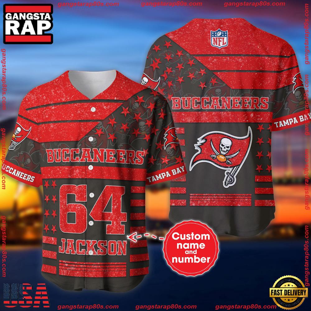 NFL Custom Name Number Tampa Bay Buccaneers American Flag New Design Baseball Jersey Shirt NFL Custom Name Number Tampa Bay Buccaneers American Flag New Design Baseball Jersey Shirt
