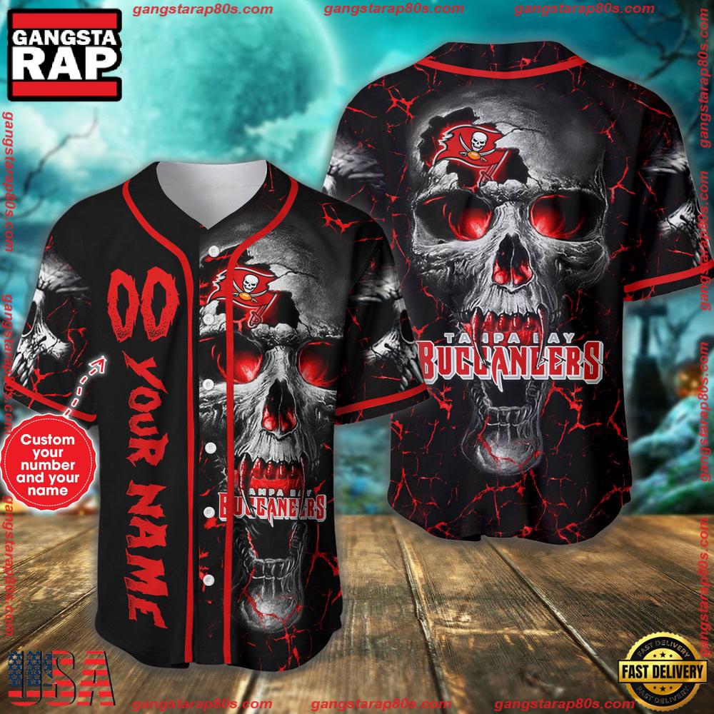 Custom Name And Number Tampa Bay Buccaneers NFL Team Skull Baseball Jersey Shirt Custom Name And Number Tampa Bay Buccaneers NFL Team Skull Baseball Jersey Shirt