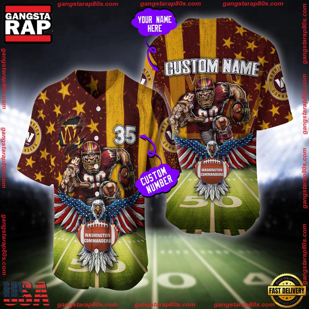 NFL Custom Name And Number Washington Commanders Mascot US Flag Baseball Jersey Shirt NFL Custom Name And Number Washington Commanders Mascot US Flag Baseball Jersey Shirt