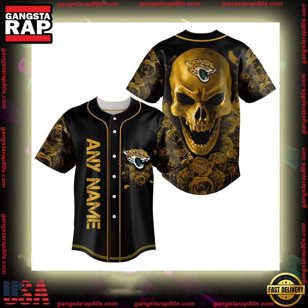 NFL Custom Name Jacksonville Jaguars Football Skull Baseball Jersey Shirt NFL Custom Name Jacksonville Jaguars Football Skull Baseball Jersey Shirt