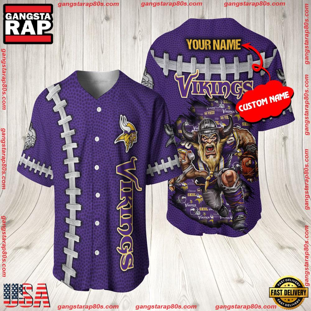 NFL Custom Name Minnesota Vikings Mascot Baseball Jersey Shirt NFL Custom Name Minnesota Vikings Mascot Baseball Jersey Shirt
