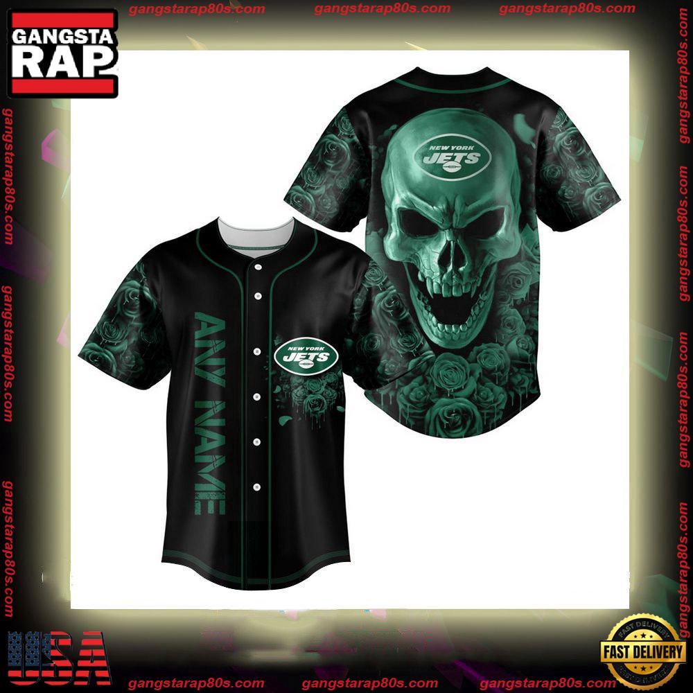 NFL Custom Name New York Jets Football Skull Baseball Jersey Shirt NFL Custom Name New York Jets Football Skull Baseball Jersey Shirt