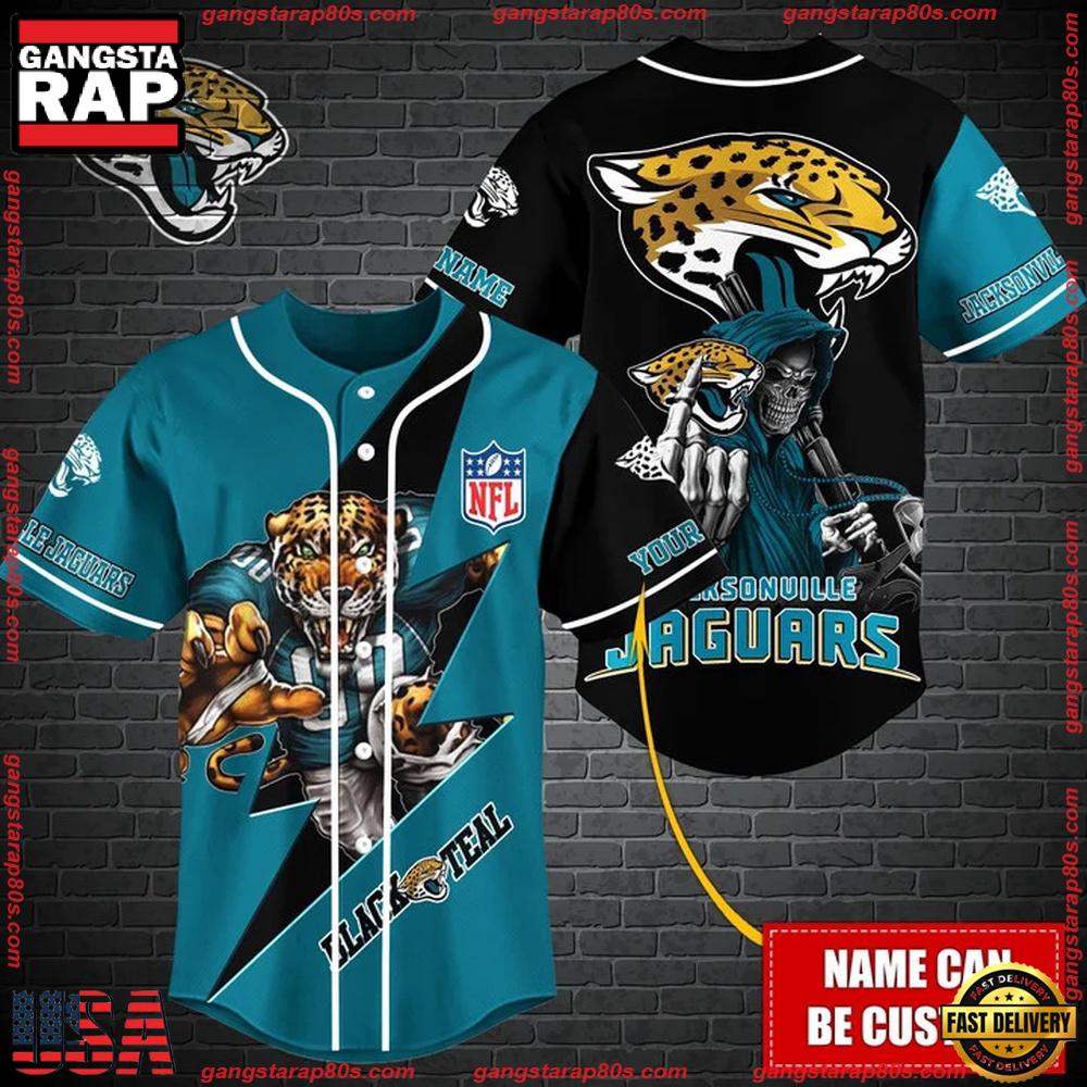 NFL Custom Name Jacksonville Jaguars Mascot And Skull New Design Baseball Jersey NFL Custom Name Jacksonville Jaguars Mascot And Skull New Design Baseball Jersey