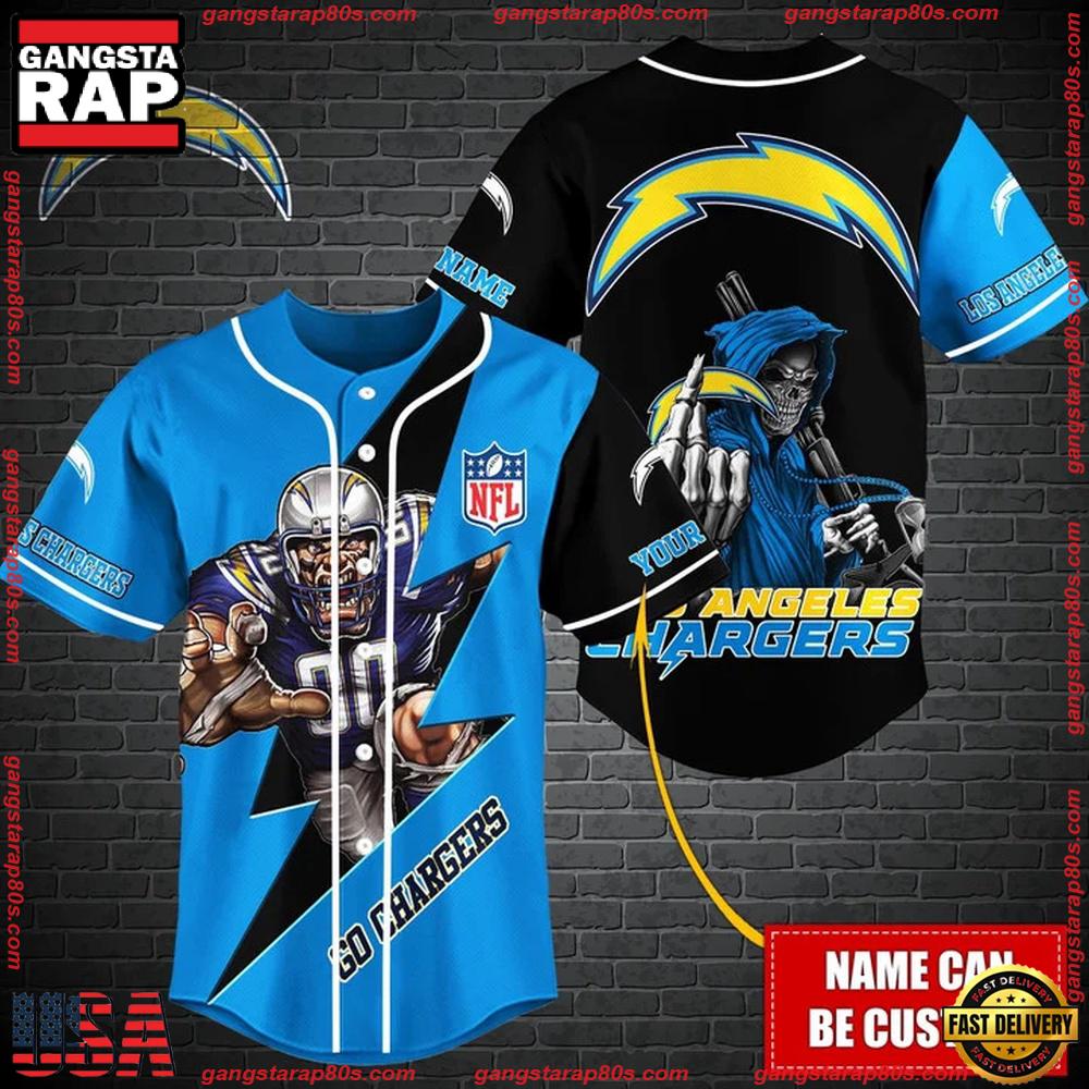 Custom Name NFL Los Angeles Chargers Mascot And Skull Baseball Jersey