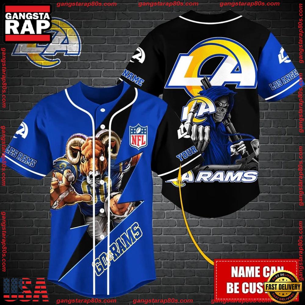 NFL Custom Name Los Angeles Rams Mascot And Skull New Design Baseball Jersey NFL Custom Name Los Angeles Rams Mascot And Skull New Design Baseball Jersey