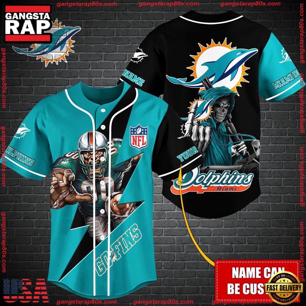 NFL Custom Name Miami Dolphins Mascot And Skull New Design Baseball Jersey NFL Custom Name Miami Dolphins Mascot And Skull New Design Baseball Jersey