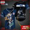 NFL Custom Name Seattle Seahawks Mascot And Skull New Design Baseball Jersey 2 Custom Name NFL Seattle Seahawks Mascot And Skull Baseball Jersey
