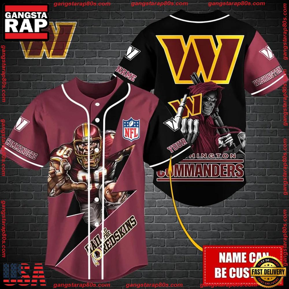 NFL Custom Name Washington Commanders Mascot And Skull New Design Baseball Jersey NFL Custom Name Washington Commanders Mascot And Skull New Design Baseball Jersey