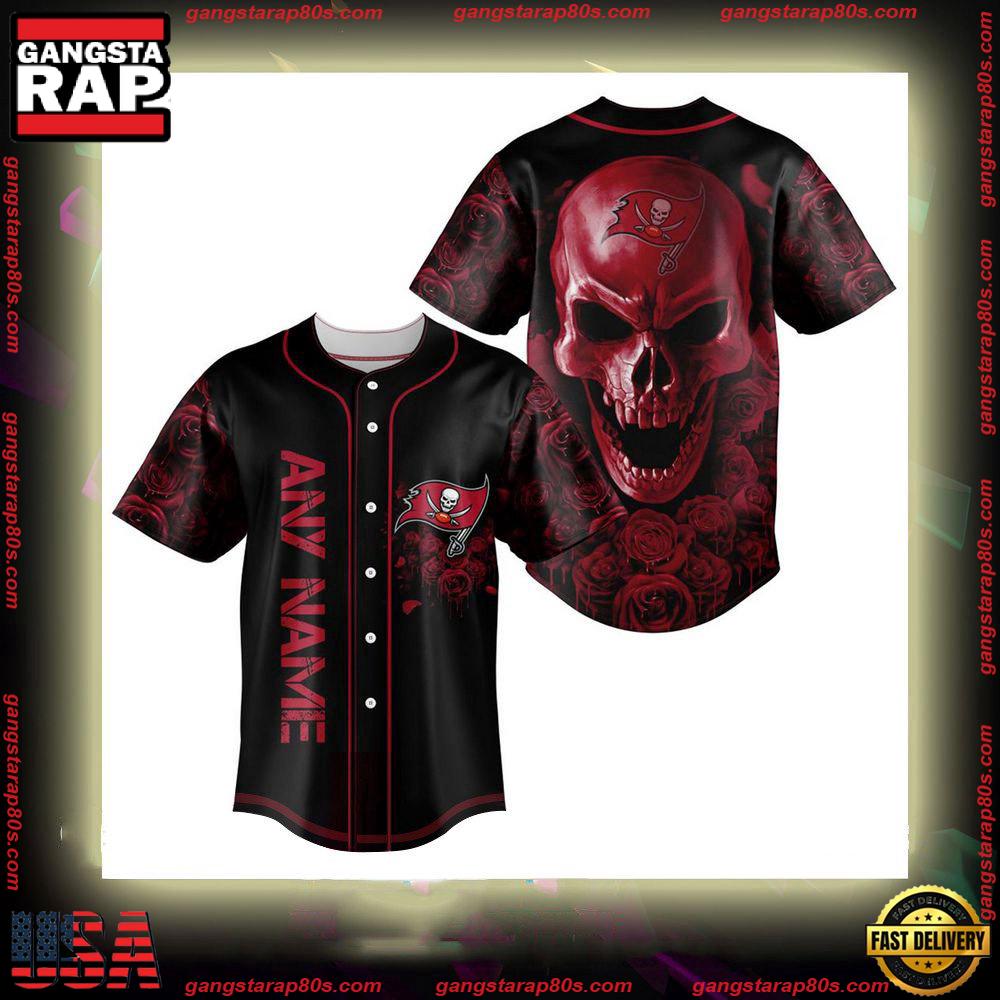 NFL Custom Name Tampa Bay Buccaneers Football Skull Baseball Jersey Shirt NFL Custom Name Tampa Bay Buccaneers Football Skull Baseball Jersey Shirt