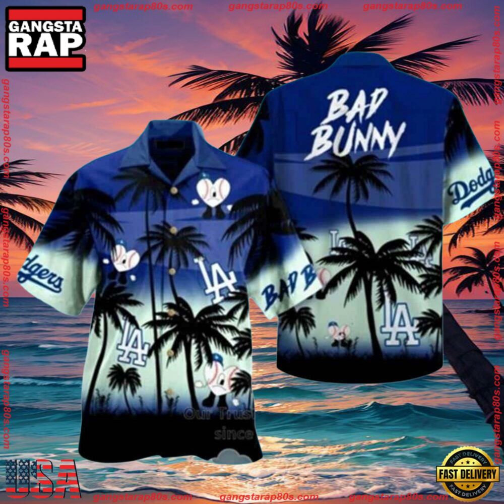 MLB Bad Bunny Dodgers Night Palms Hawaiian Shirt MLB Bad Bunny Dodgers Night Palms Hawaiian Shirt