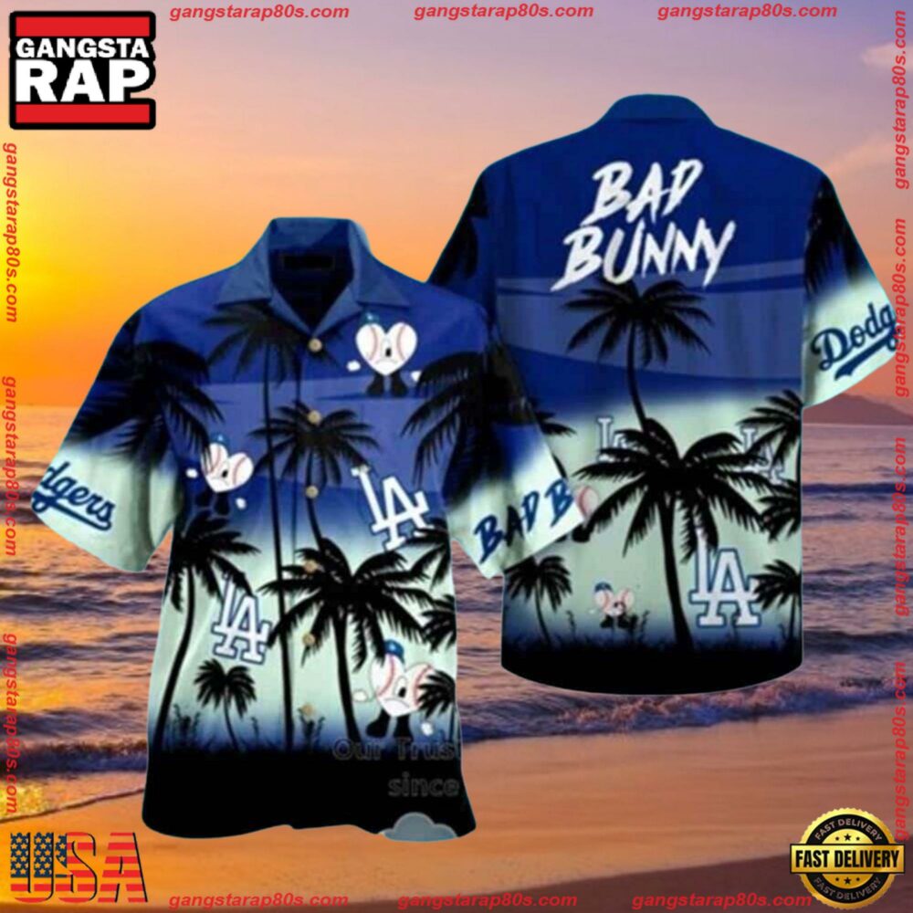 MLB Bad Bunny Dodgers Night Palms Hawaiian Shirt MLB Bad Bunny Dodgers Night Palms Hawaiian Shirt