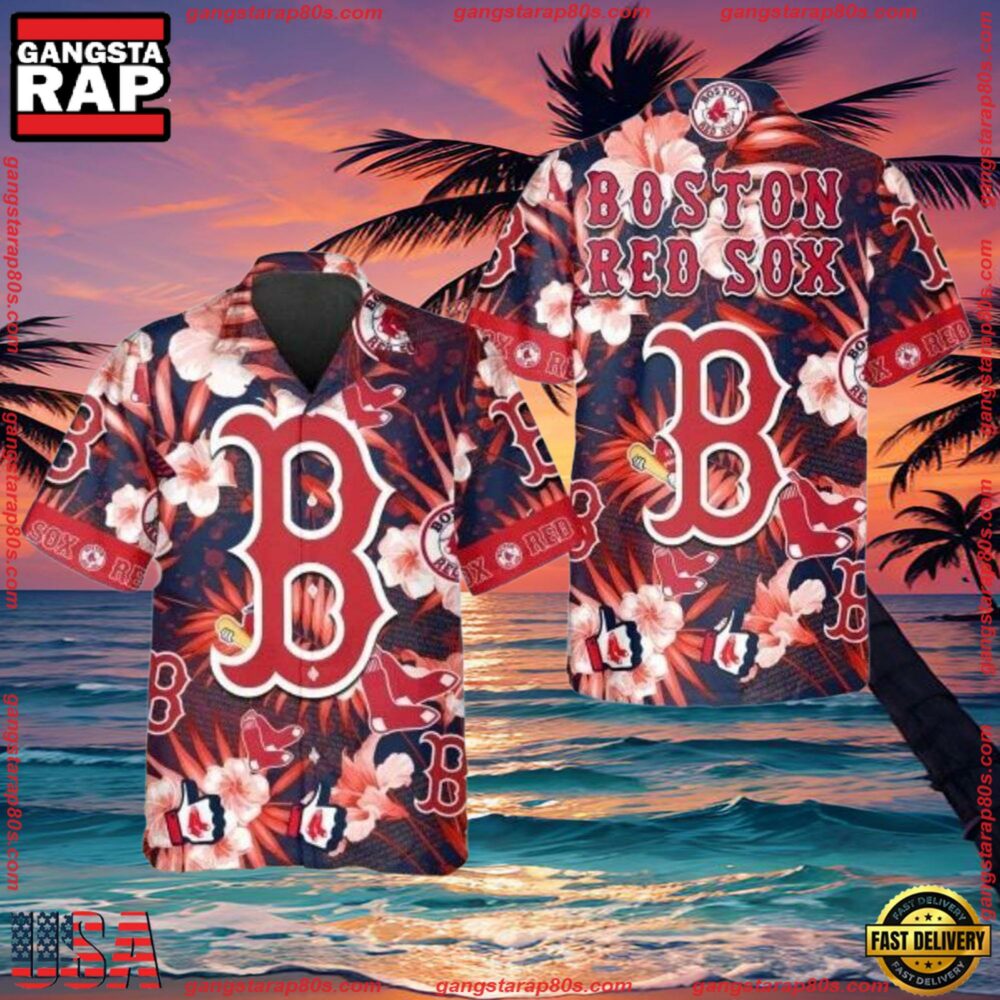 MLB Boston Red Sox Floral And Logo Hawaiian Shirt MLB Boston Red Sox Floral And Logo Hawaiian Shirt