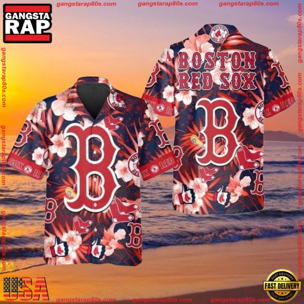 MLB Boston Red Sox Floral And Logo Hawaiian Shirt MLB Boston Red Sox Floral And Logo Hawaiian Shirt