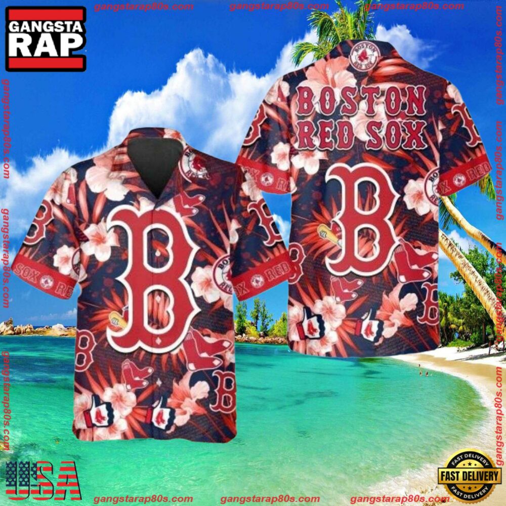 MLB Boston Red Sox Floral And Logo Hawaiian Shirt MLB Boston Red Sox Floral And Logo Hawaiian Shirt