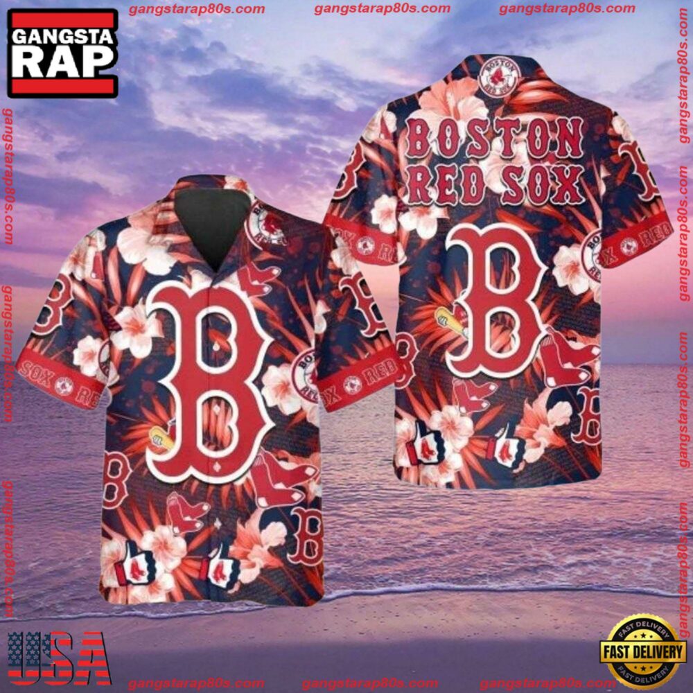 MLB Boston Red Sox Floral And Logo Hawaiian Shirt MLB Boston Red Sox Floral And Logo Hawaiian Shirt